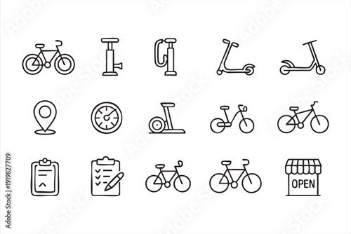 Urban Mobility Line Icon Set with Bicycle Scooter and Navigation Symbols