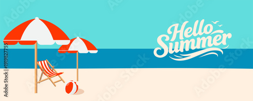 Summer time background with palm trees, Beach umbrella with chairs on the sand. summer sky Bokeh light of sky and sea.Tropical leaves .Summer greeting clipart poster set with tropical palm leaves.