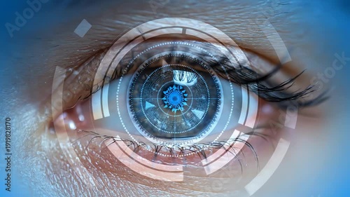 A captivating close-up of a human eye with a futuristic blue digital interface overlay, symbolizing advanced biometric scanning and data.