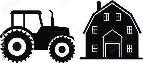 Silhouette of a tractor and a house illustrating rural farm life