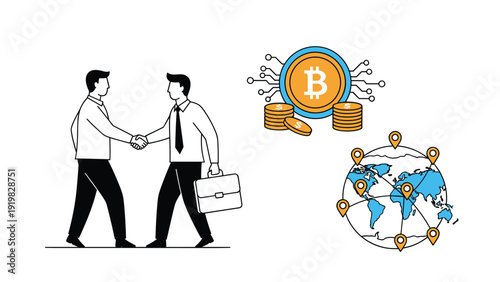 Two businessmen shaking hands with conceptual icons for Bitcoin cryptocurrency and a global network of locations.