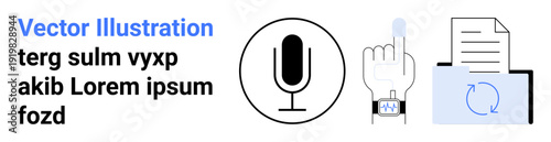 Digital security, biometric authentication, voice technology, data sync, document management, productivity tools. Microphone, fingerprint scanner smartwatch and file icon. Digital security