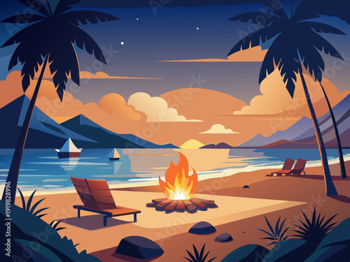 colorful illustration of a Glowing Bonfire on the Beach with Sweet Marshmallows