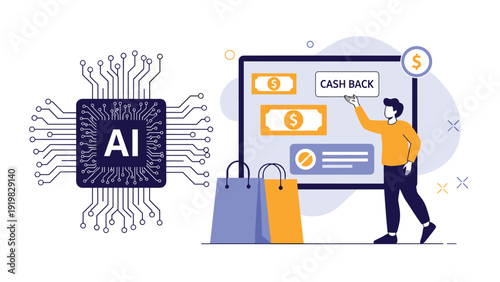 Artificial intelligence in retail concept with an AI chip next to a person shopping online for cash back rewards.