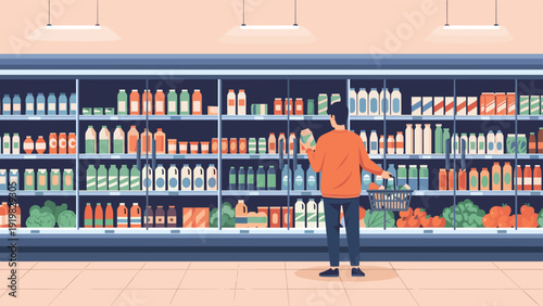 Male shopper with a basket looking at rows of bottled drinks and dairy products in a large grocery store refrigerator.