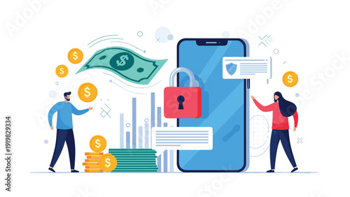 Conceptual illustration for mobile security and finance with people around a large smartphone protected by a padlock.