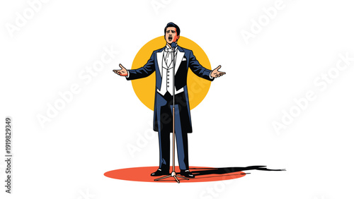 Formal male opera singer in a tuxedo performing on a stage under a bright yellow spotlight with his arms outstretched.