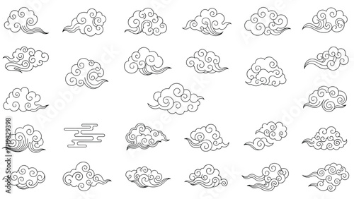 Large collection of traditional Asian style cloud illustrations with various shapes and swirl patterns in black outlines.