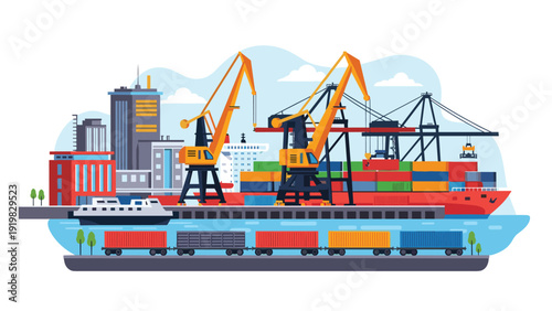 Busy industrial shipping port featuring large container ships, tall cranes, freight trains, and city buildings nearby.