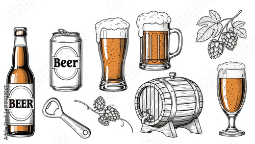 Vintage style collection of beer related illustrations including bottles, mugs, cans, wooden barrels, and hop cones.