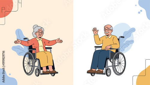Joyful senior man and woman sitting in wheelchairs and waving happily to represent elderly care, accessibility, and positive aging in healthcare.