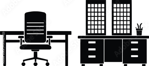 Minimalist office setup with a desk, chair, and filing cabinets