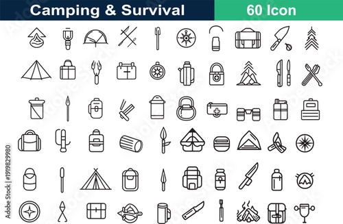 Camping and Survival Icon Set Keywords: camping, survival, outdoor, adventure, equipment, gear