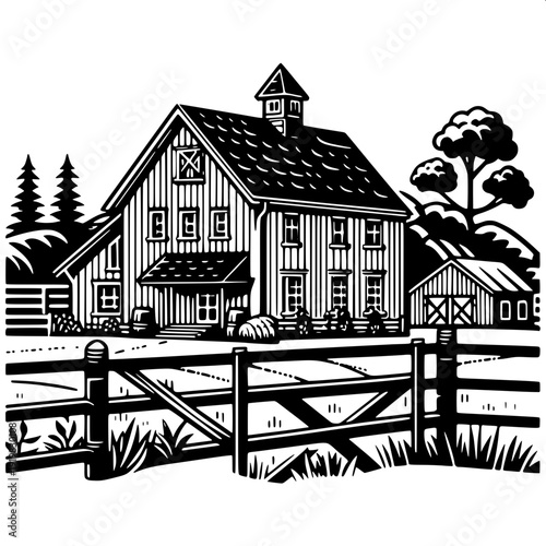 High contrast black and white farm combine illustration, side profile, bold solid shapes
