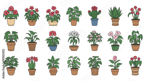 Diverse collection of colorful potted house plants and blooming flowers in various ceramic containers arranged in a clean grid.