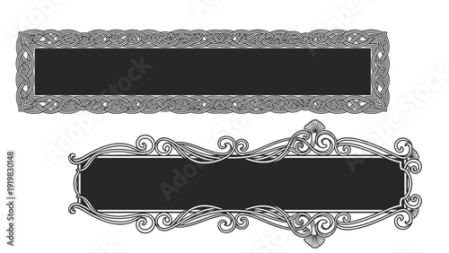 Pair of elegant decorative black banners featuring intricate scrollwork and celtic knotwork borders for labels or signage designs.
