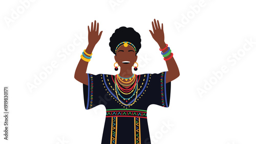 Empowered black woman wearing vibrant traditional African clothing and jewelry with her hands raised in a joyful or celebratory pose.