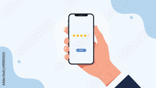 Human hand holding a modern smartphone displaying a five-star rating screen with four stars filled and one empty star for feedback.