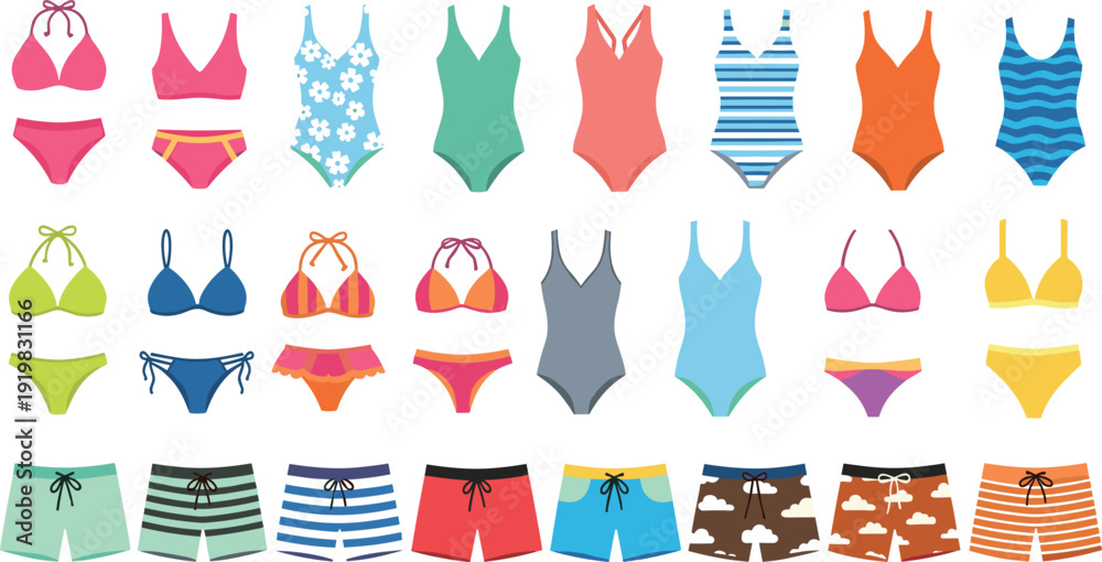 Ταπετσαρία Swimwear and Beach Clothing Vector Icon Set with Bikinis, One Piece Swimsuits, S