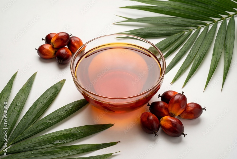 Fototapeta premium Vibrant red palm oil in glass bowl with fresh palm fruits and green leaves on white