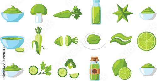 Green Smoothie and Healthy Ingredient Vector Icon Set with Avocado, Cucumber, Celery, Spinach, Lime, Juice Bottles, and Detox Food Elements