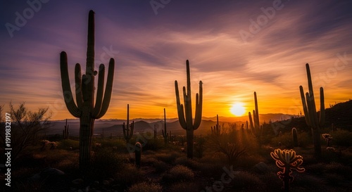 Saguaro cacti in Sonoran Desert at dramatic sunset