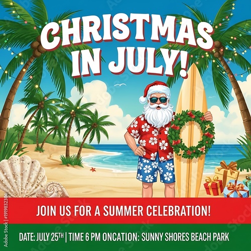 Holiday figure wearing sunglasses and tropical attire poses with a surfboard decorated with greenery on a sunny beach
