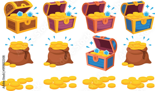 Cartoon treasure chest and gold coins set with gem stones, pirate loot collection illustration isolated on white background for game design