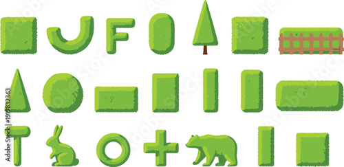 Green Garden Hedge Shape Vector Icon Set with Bushes, Trees, Grass Forms, and Topiary Elements for Landscape and Park Design