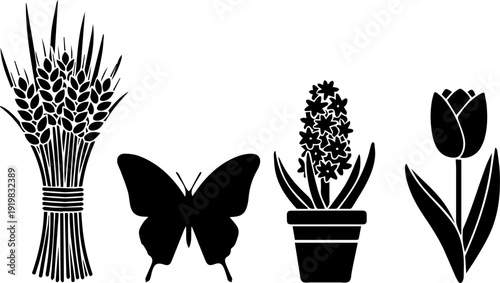 Black and White Nature Silhouettes of Wheat, Butterfly, Flower, and Tulip