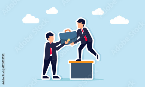 Businessman handing briefcase to another businessman on podium illustration of business takeover and transfer of responsibility