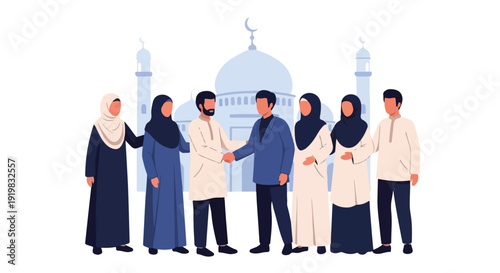 Diverse Muslim Community Greeting in Front of Mosque