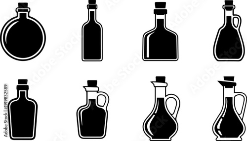 Eight black and white bottle and jug outline
