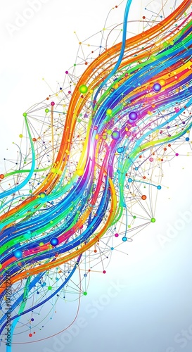 Vibrant stream of colorful abstract lines and interconnected nodes flows dynamically across a light background