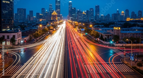 Urban infrastructure captures streaks of light from moving traffic against a towering city skyline at twilight