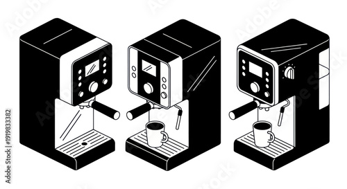 Isometric Espresso Coffee Machines with Cups Black and White Illustration.