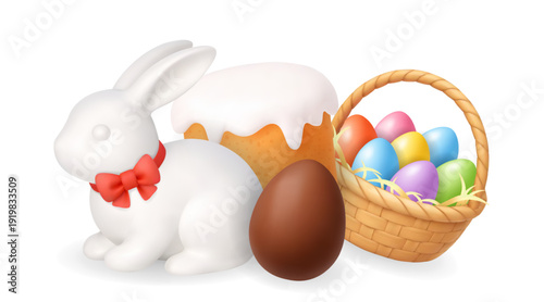 Happy Easter composition with bunny, cake, chocolate egg and basket of colorful eggs. 3D realistic holiday illustration