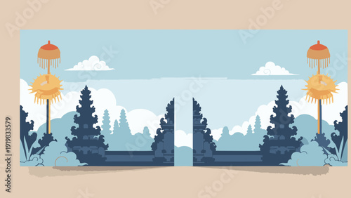 Serene forest landscape with Balinese towers under sunny sky