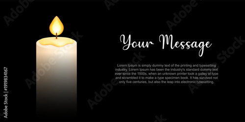 Candle message banner with black background and glowing flame. Editable greeting template with copy space for text