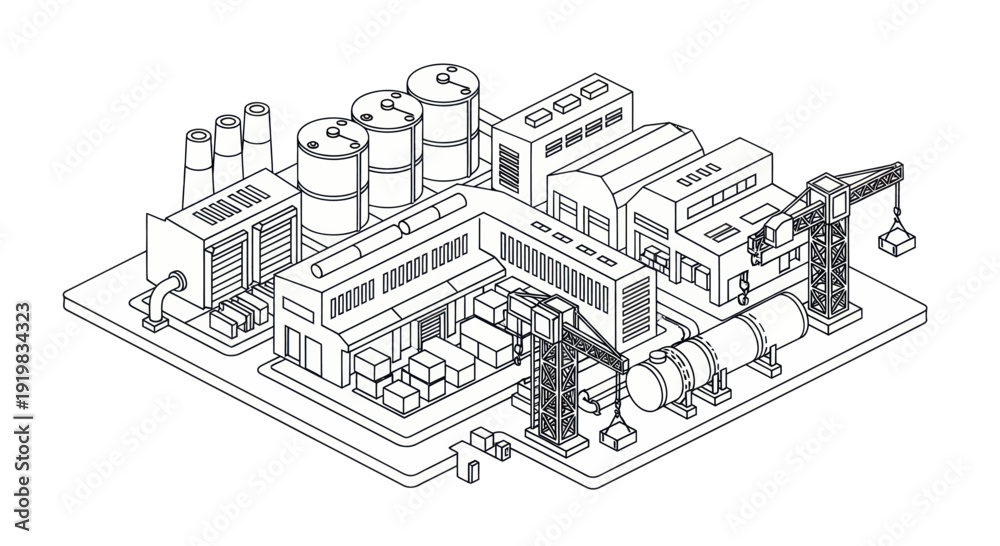 Obraz premium Isometric Industrial Factory Complex with Cranes and Storage Tanks.
