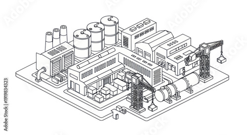 Isometric Industrial Factory Complex with Cranes and Storage Tanks.