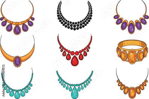 TLuxury Necklace and Jewelry Vector Set with Gemstone Beaded Necklaces, Gold Ornaments, and Elegant Fashion Accessories Illustrations