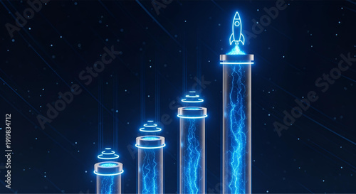 Rocket launch from glowing energy pillars representing startup growth