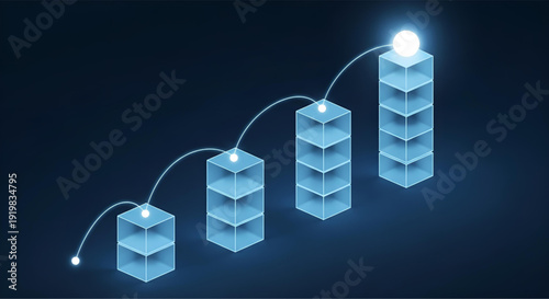 Progressive bar graph with glowing cubes and connected dots