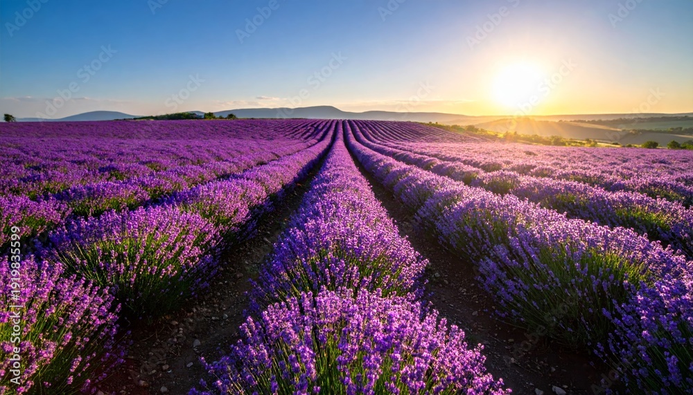Obraz premium A breathtaking sunset paints the sky over a purple lavender field in rural Provence, France, where blooming flowers create a beautiful summer landscape across the vast agricultural farm meadow