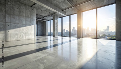 An empty modern building corridor with glass windows and sleek architecture creates a bright urban space typical of a business office, airport station, or contemporary hospital hallway