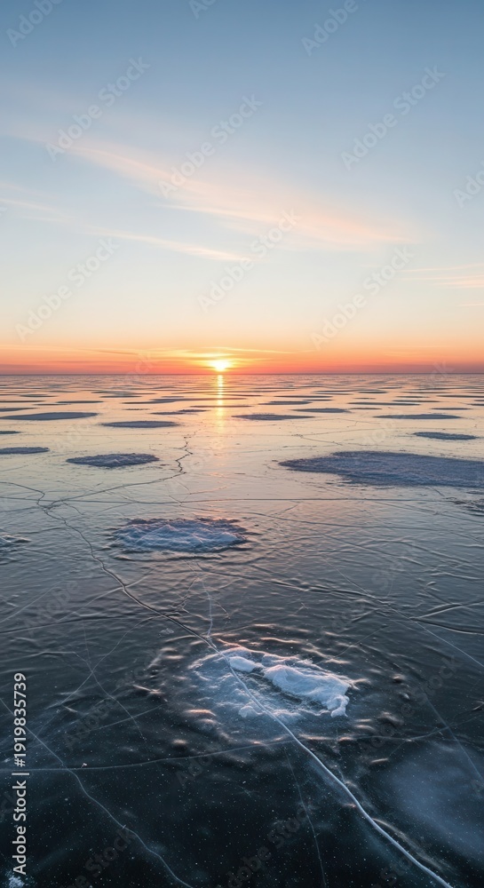 Obraz premium Brilliant low sunlight illuminates textured frozen surface extending to the horizon