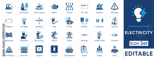 Electrical engineering and power generation equipment symbols. Vector glyph collection for energy station, circuitry, and home wiring.