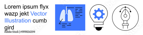 Healthcare, creativity, innovation, medical research, graphic design, knowledge sharing. ion of lungs, light bulb with gear and pen tool symbols. Healthcare and creativity concept