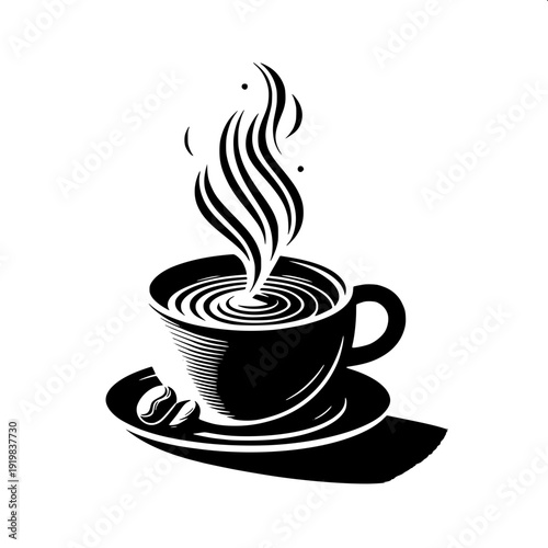 Black silhouette espresso coffee machine with cup underneath, dripping coffee drops, vector illustration, white background